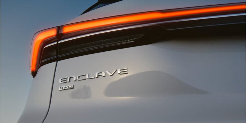 Close-up of Buick Enclave rear badge and LED taillight